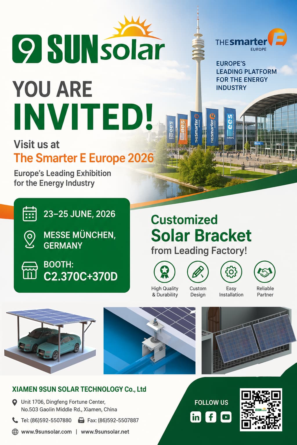 XIAMEN 9SUN SOLAR TECHNOLOGY Co., Ltd. le invita a reunirse con usted en The Smarter E Europe 2026.